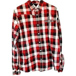 Edify Button Front Shirt Men's Size Large Red Plaid Pearl Snaps The Cross MS2